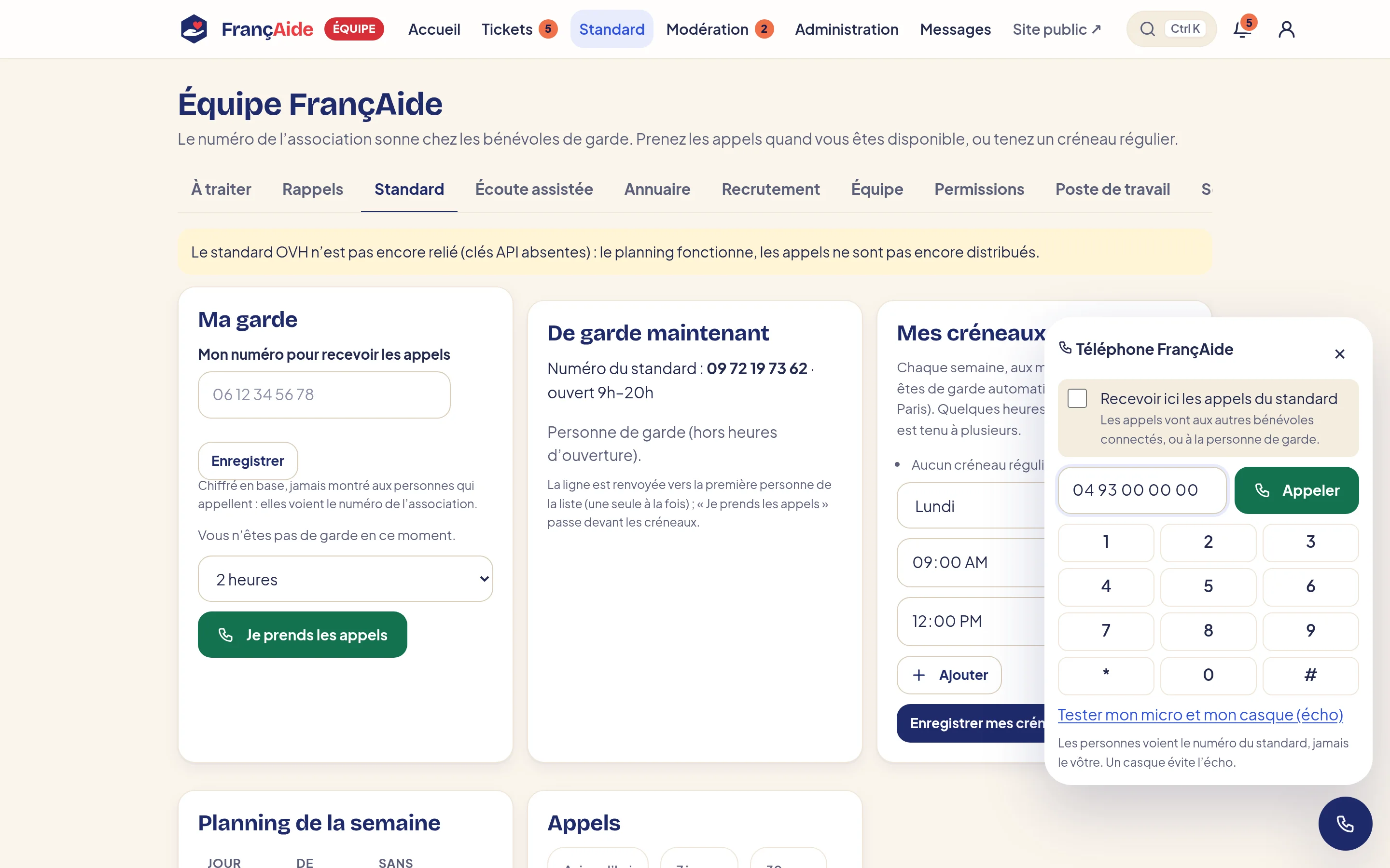 Le téléphone intégré à l’espace équipe, avec le clavier de numérotation