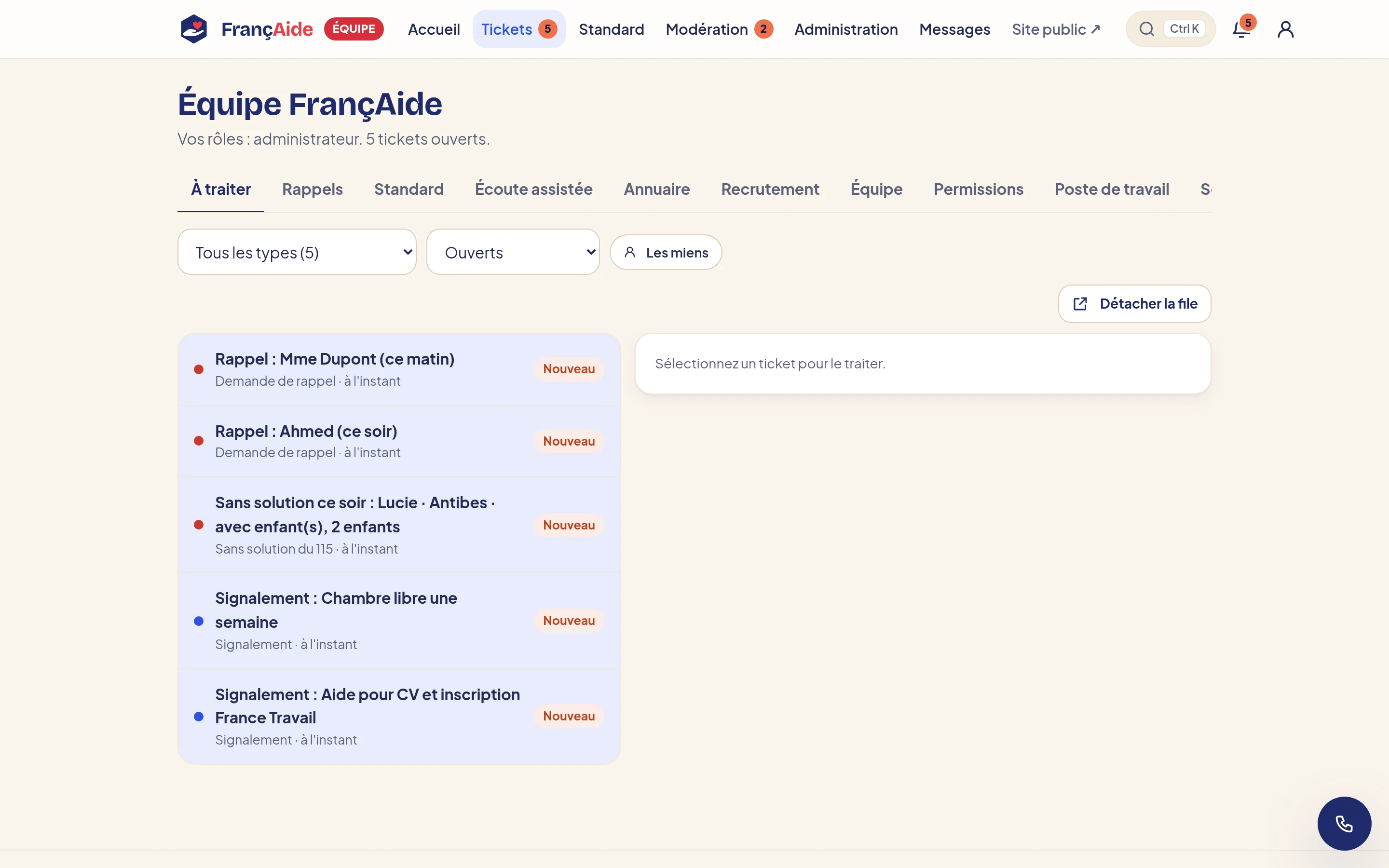 La file des tickets de l’espace équipe